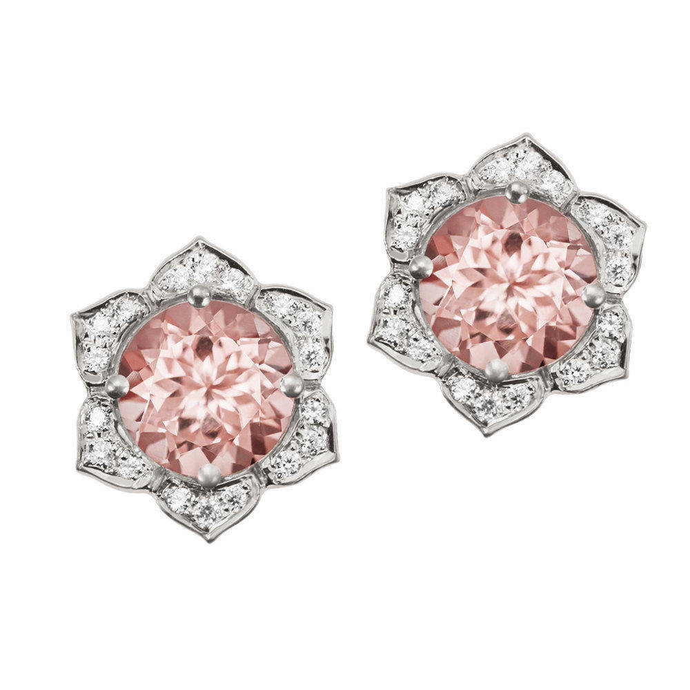 Lily Flower Studs Earrings - Morganite & Diamonds Stud Earrings - sillyshinydiamonds