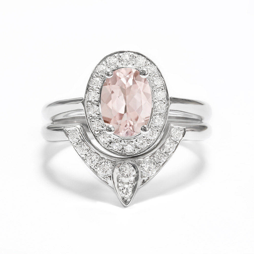 Oval Morganite Unique Engagement Rings Set - The 3rd Eye - sillyshinydiamonds