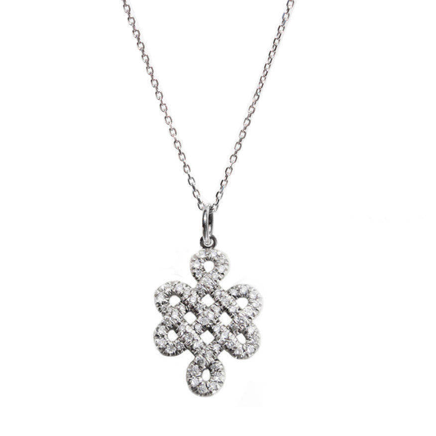 Endless Love Knot Diamond Pendant Necklace - Tibetan Symbol , white gold