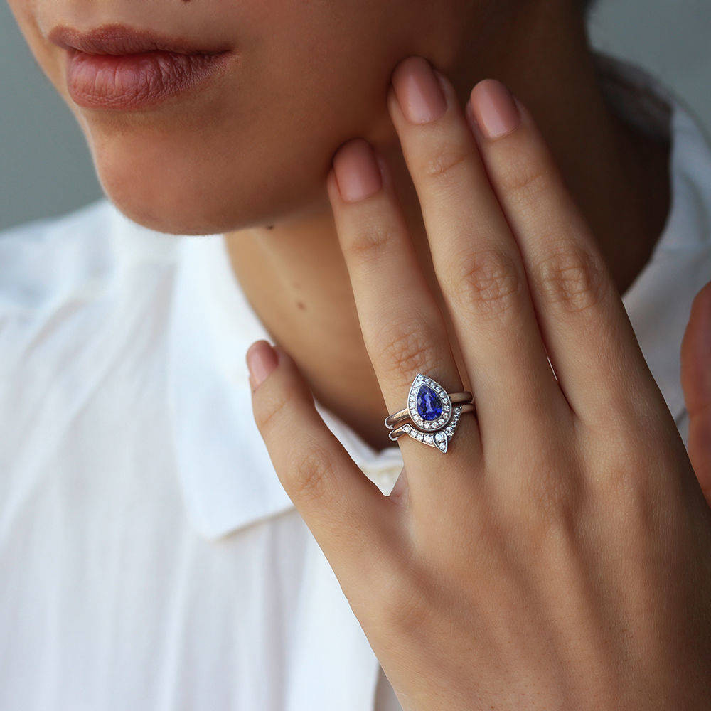 The 3rd Eye - Pear Tanzanite & Diamond Bridal Rings Set - sillyshinydiamonds