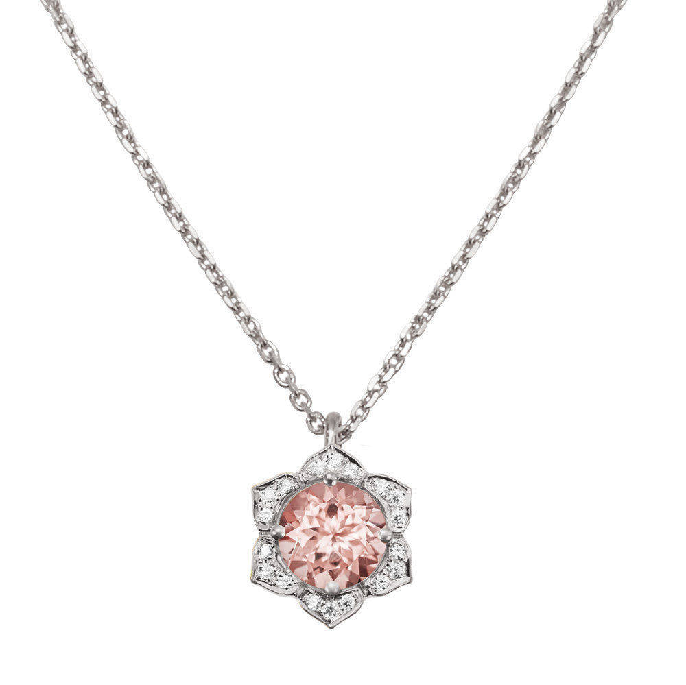 Lily Morganite & Diamonds Flower Pendant Necklace - sillyshinydiamonds