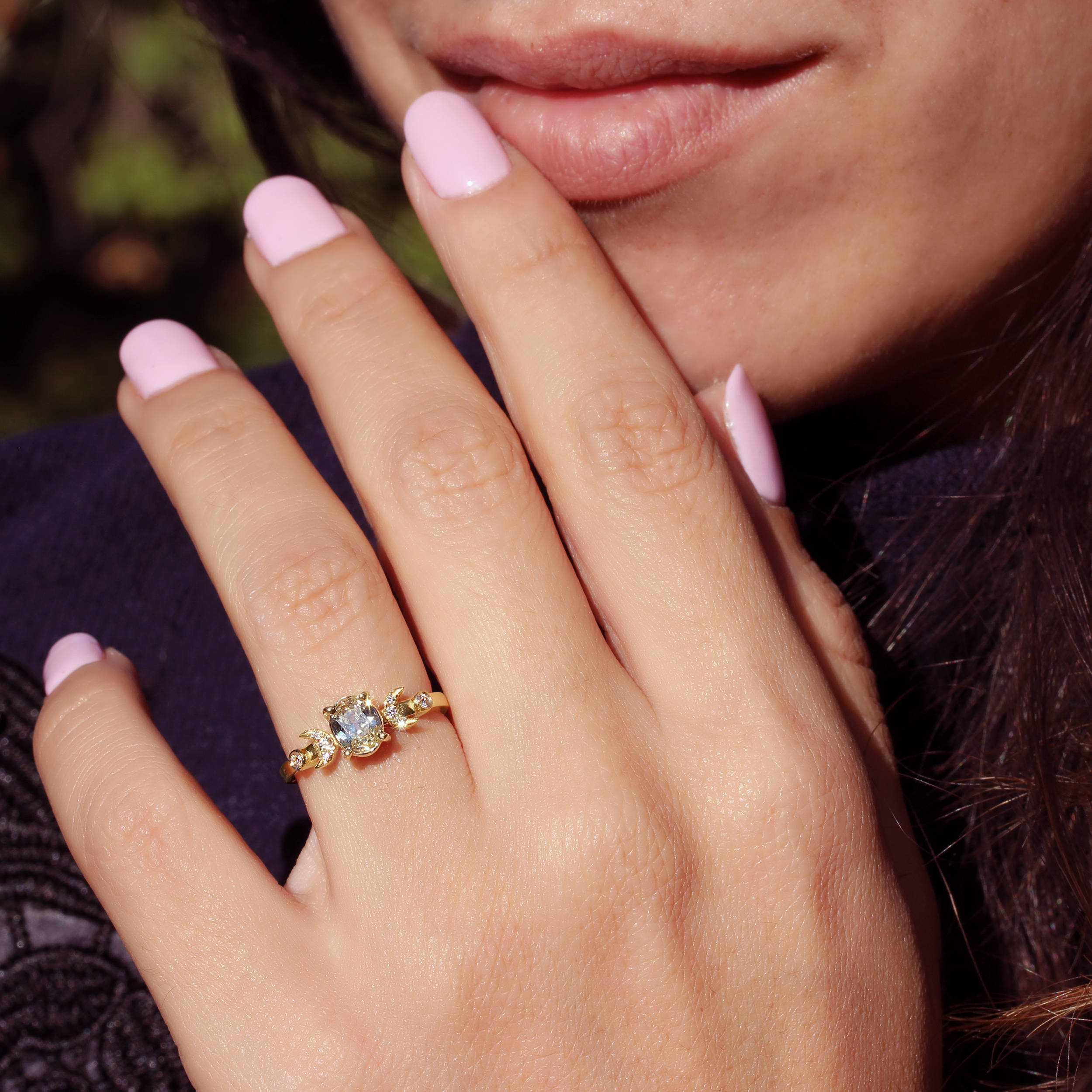 Hindi Moon phase Yellow Oval Diamond 0.66 carat Celestial Unique Engagement Ring - sillyshinydiamonds