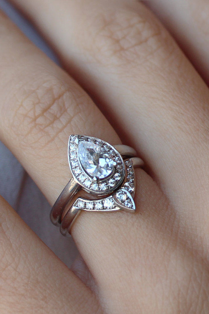Pear Diamond 0.6ct Halo Unique Engagement & Wedding, Bridal Rings Set, The 3rd Eye, - sillyshinydiamonds