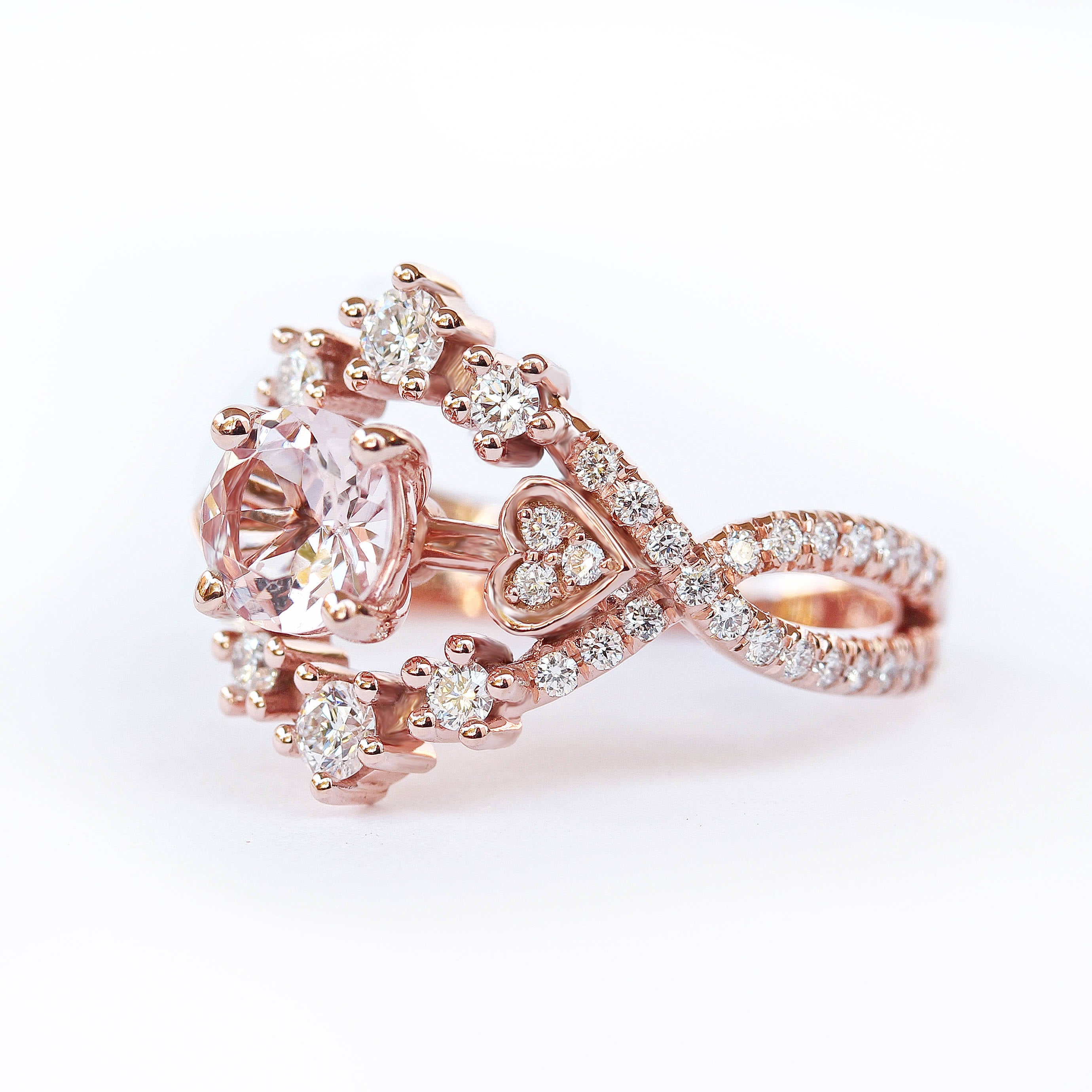 Destiny Morganite & Diamond Halo Unique Engagement Ring - sillyshinydiamonds