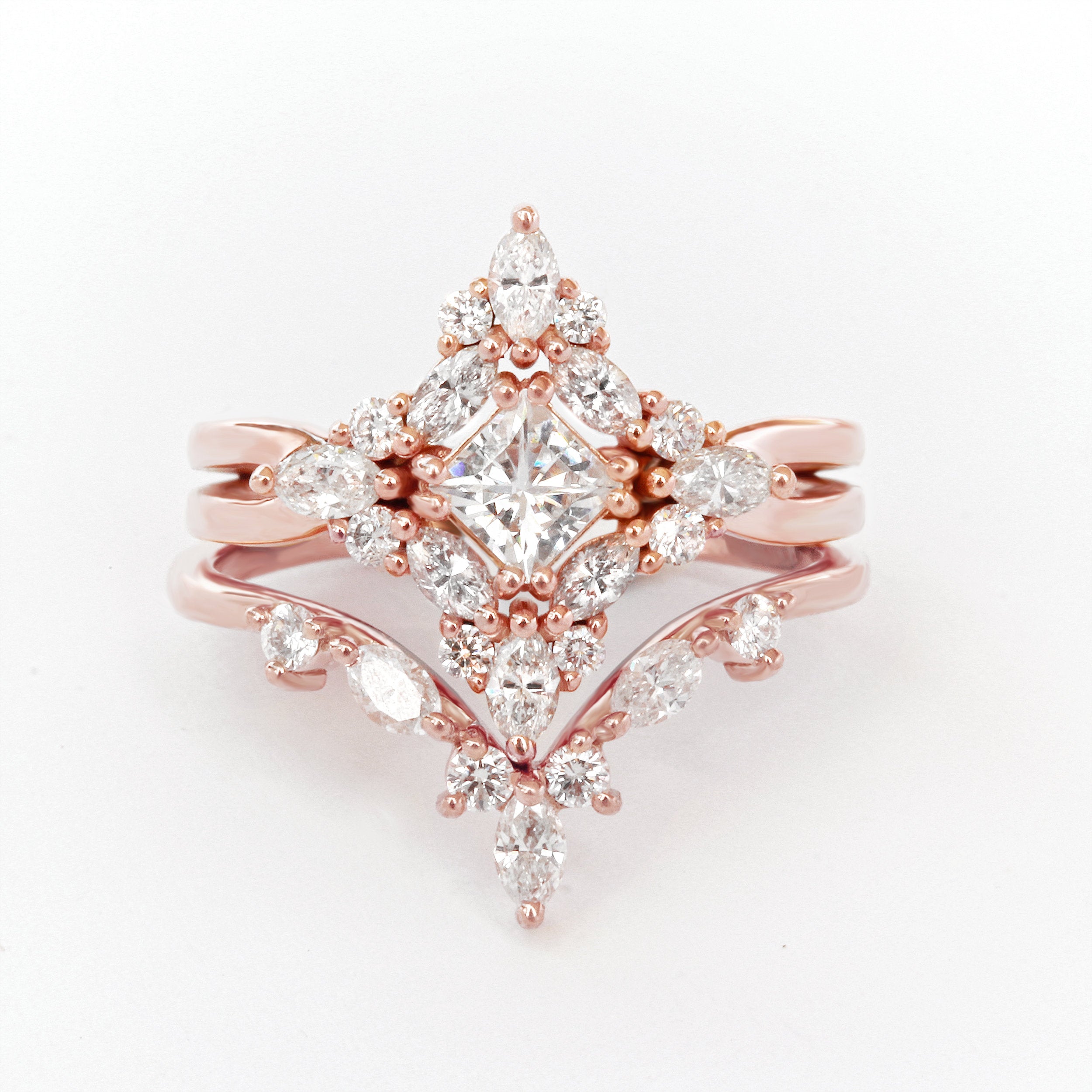 Altair - Princess Cut Square Diamond 1.30 Carat Cluster Two Engagement Rings Set - sillyshinydiamonds