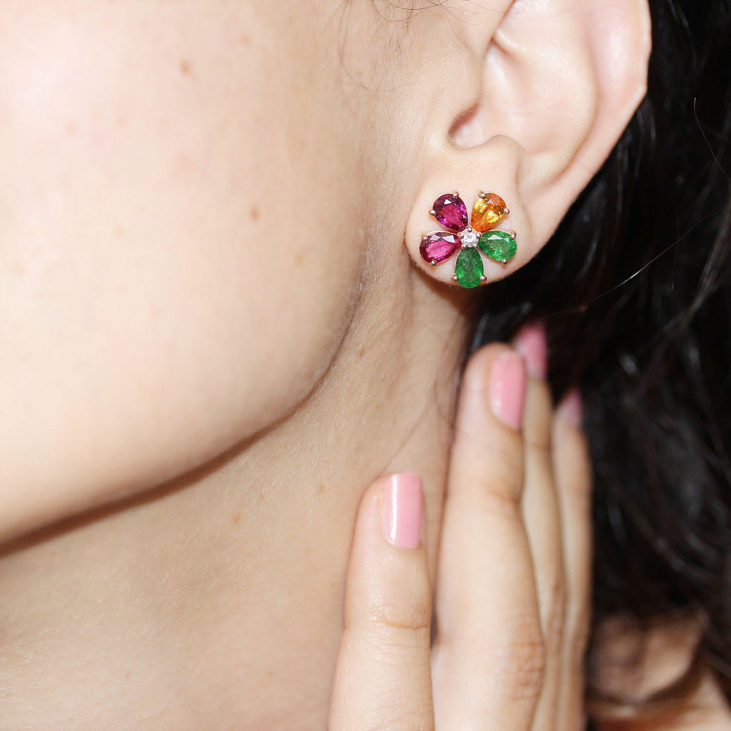 Flowers Stud Earrings Colorful Gemstone - sillyshinydiamonds