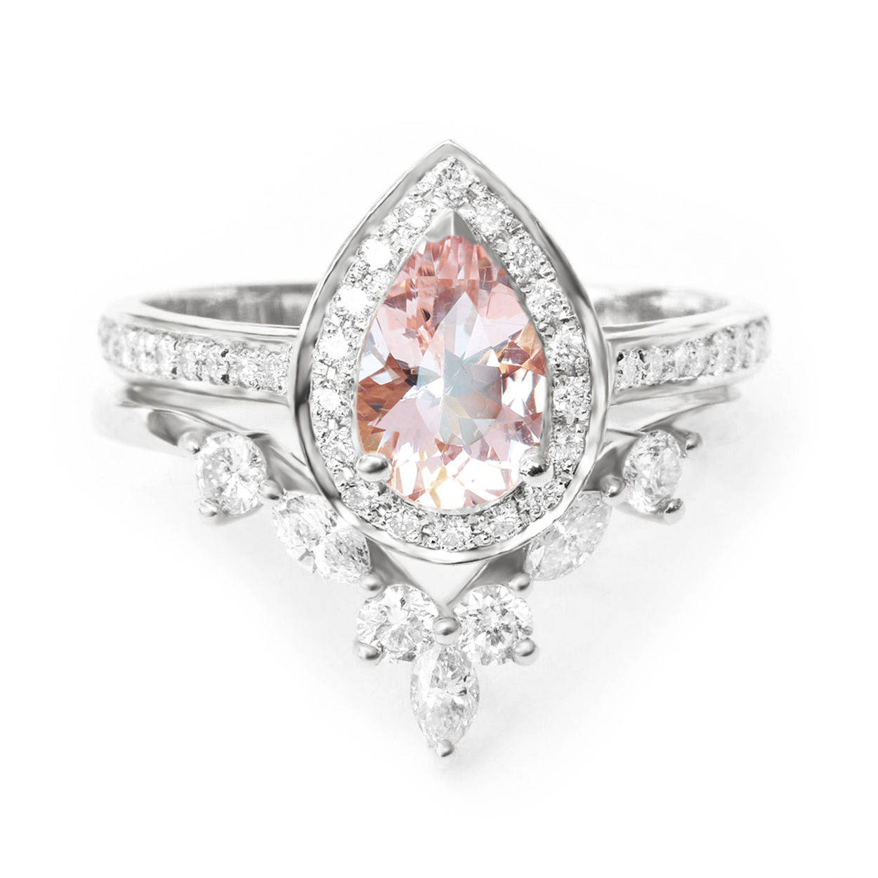 Nia & Hermes - Pear Morganite & Diamond Halo Ceremonial Ring set - sillyshinydiamonds