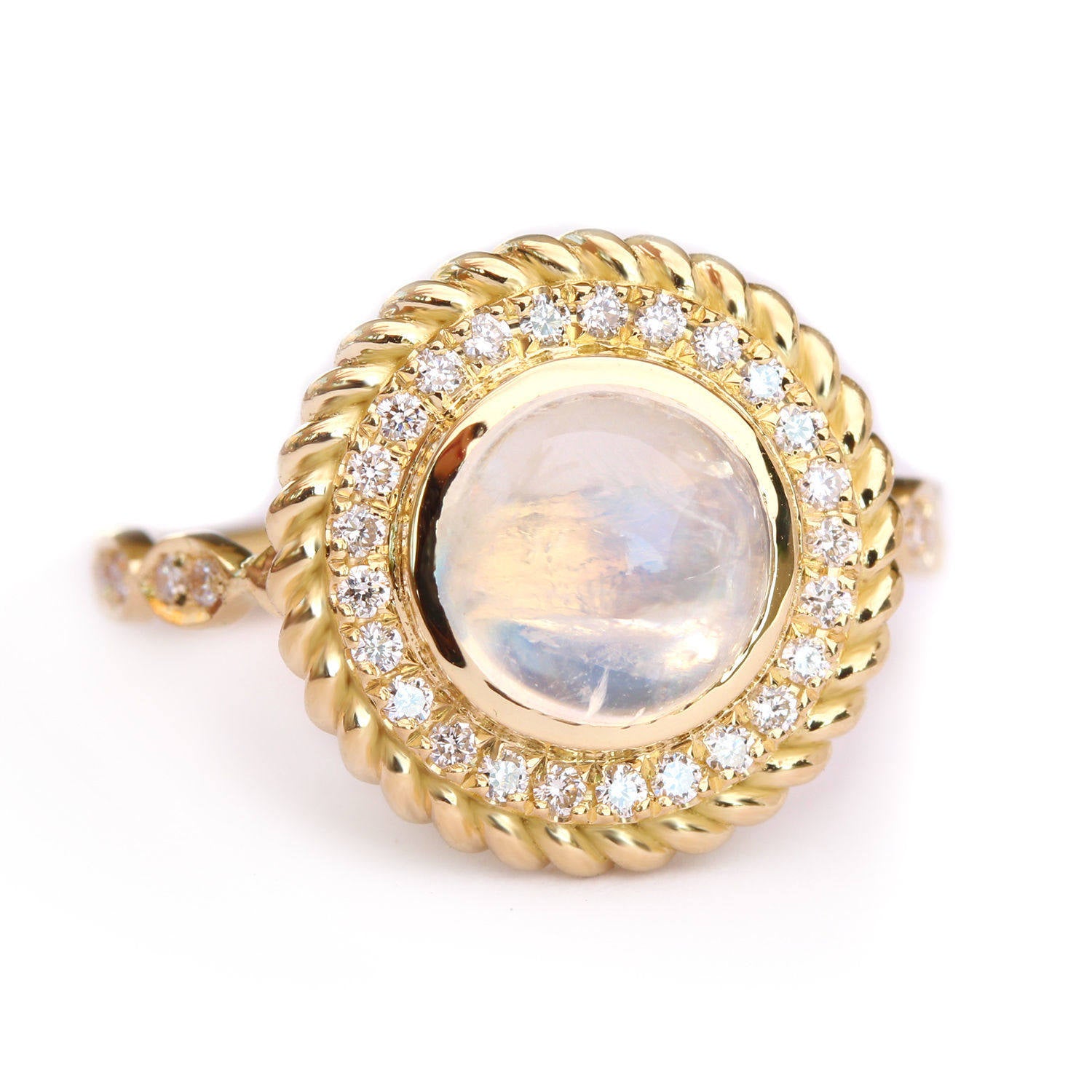 Storm - Moonstone & Diamonds Halo Unique Ring Cocktail Ring - sillyshinydiamonds