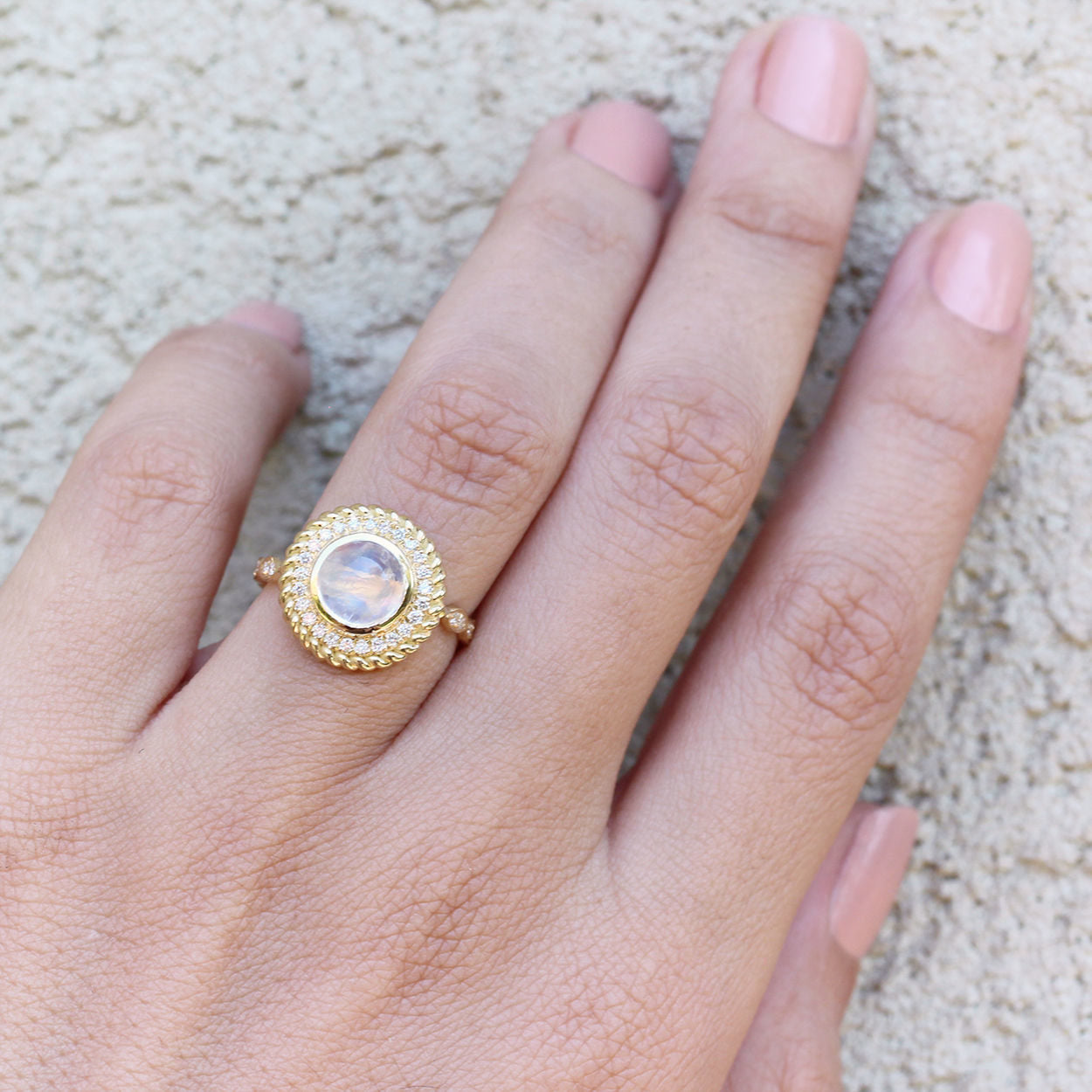 Storm - Moonstone & Diamonds Halo Unique Ring Cocktail Ring - sillyshinydiamonds