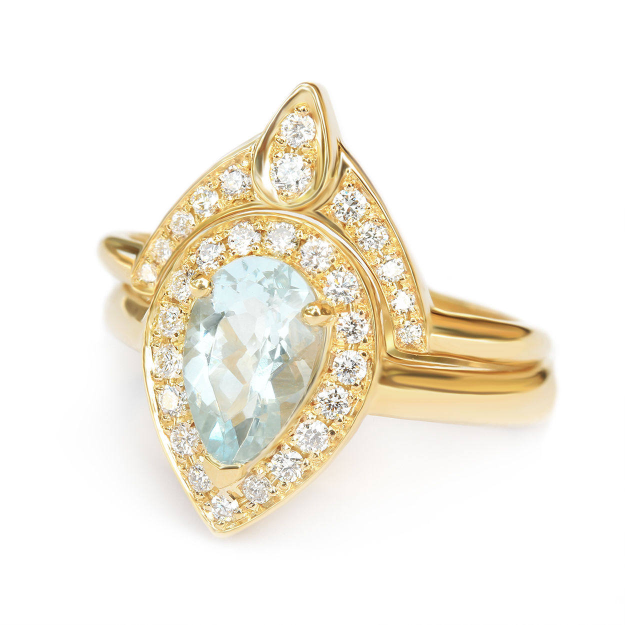 Pear Aquamarine Diamond Halo Ring Bridal Rings Set - The 3rd Eye - sillyshinydiamonds