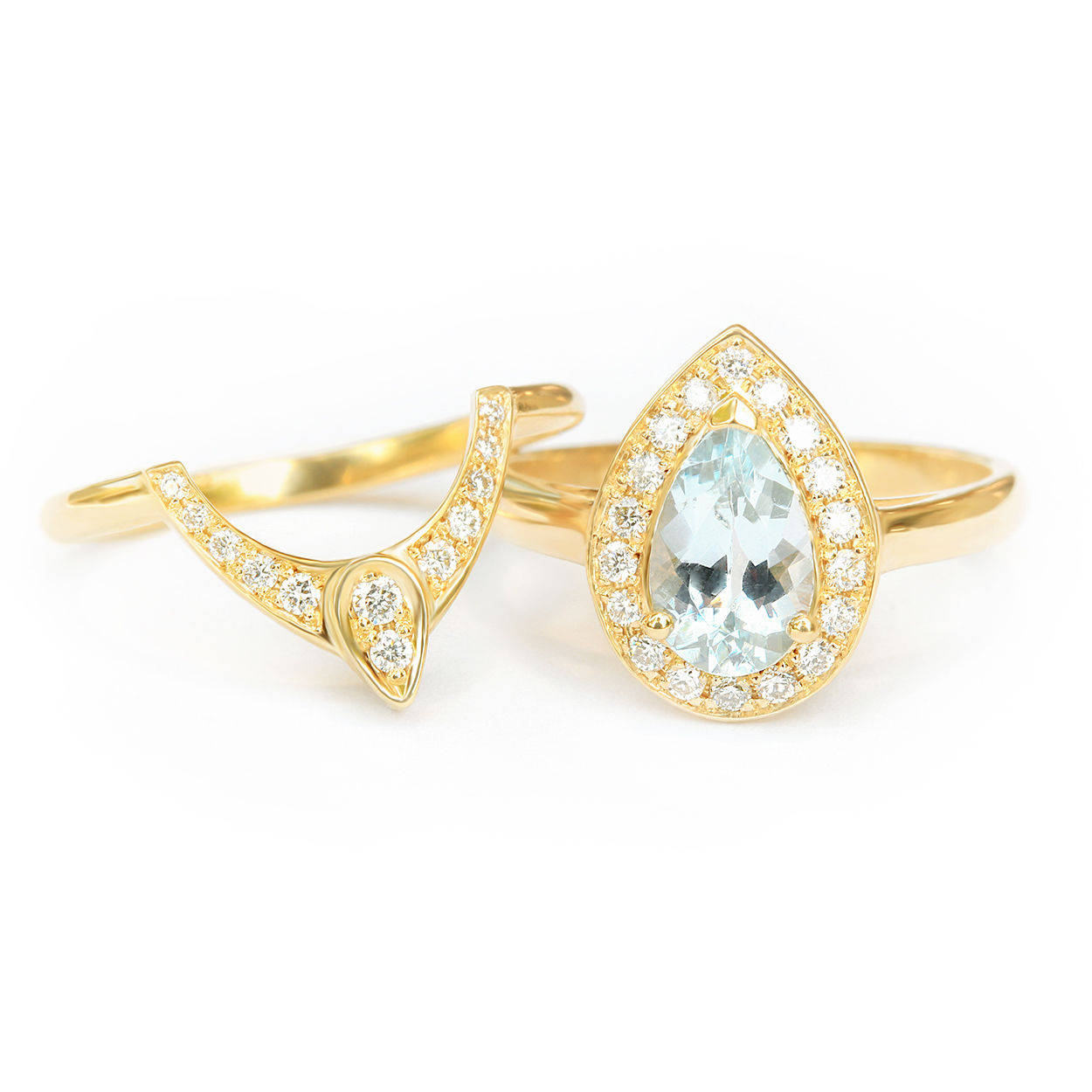 Pear Aquamarine Diamond Halo Ring Bridal Rings Set - The 3rd Eye - sillyshinydiamonds