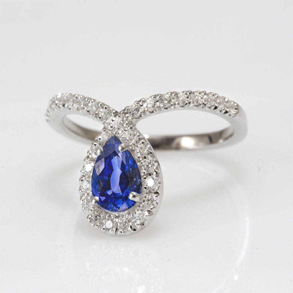 Bliss Pear Sapphire & Loop Diamond Halo Unique Engagement Ring - sillyshinydiamonds