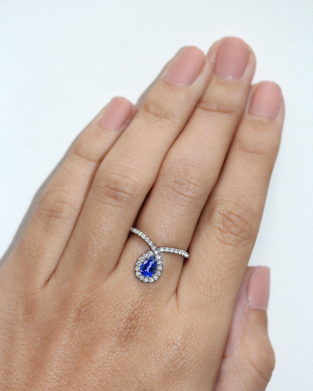 Bliss Pear Sapphire & Loop Diamond Halo Unique Engagement Ring - sillyshinydiamonds