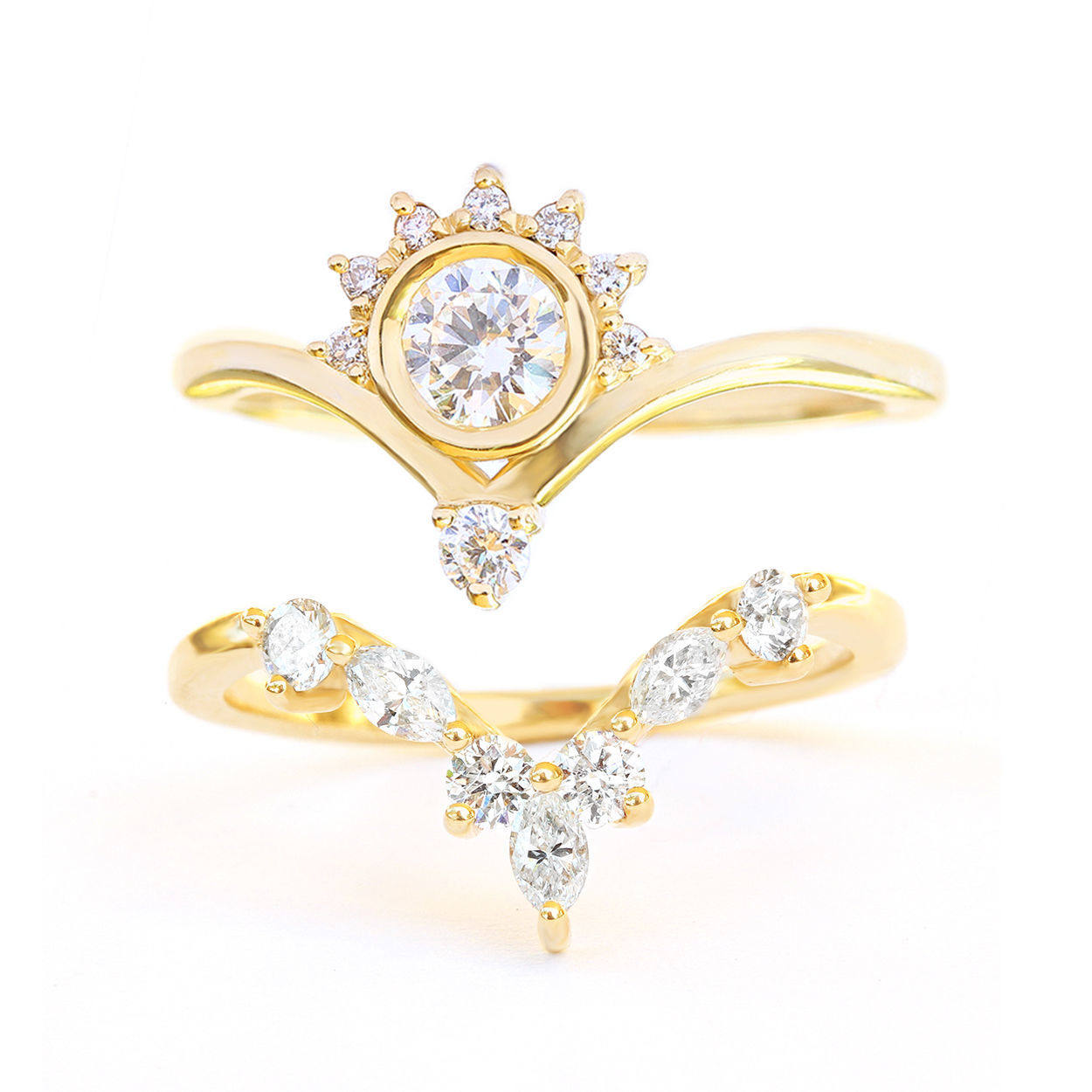 0.75 carat Diamond Unique Engagement Ring Set, Valentia & Hermes - Chevron V -Rings Set - sillyshinydiamonds