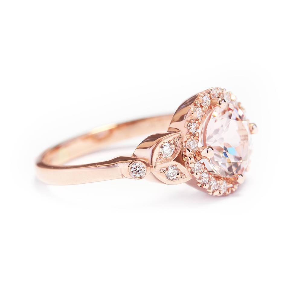 Rome, Morganite & Diamond Halo Unique Engagement Ring - sillyshinydiamonds