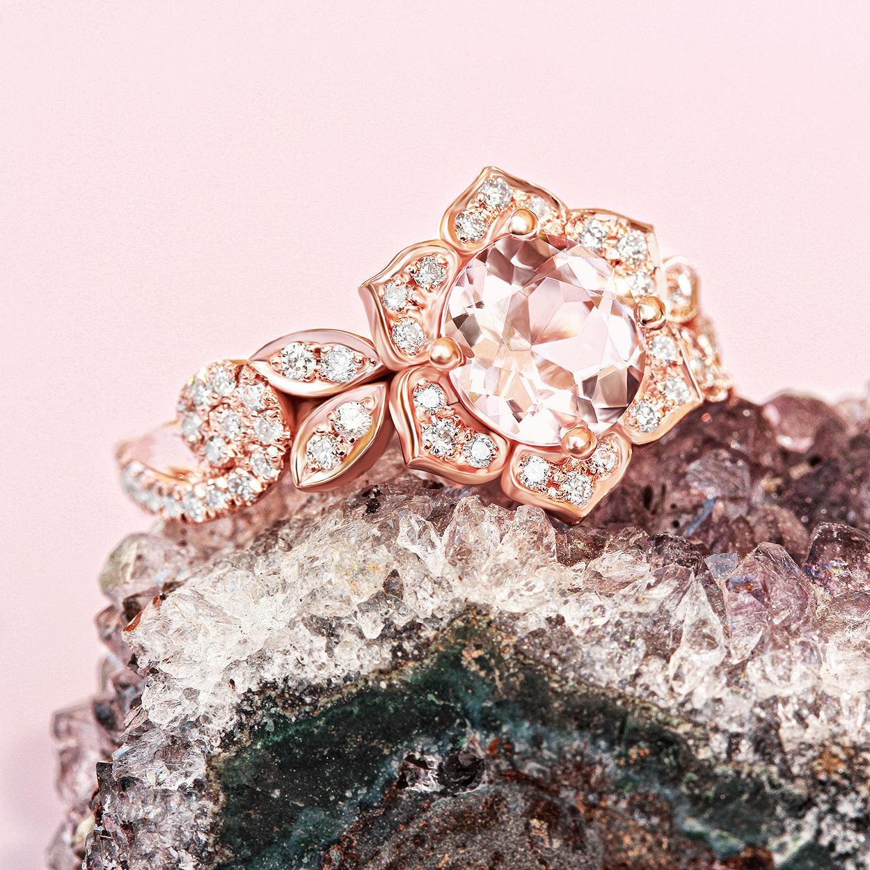 Lily Wave Flower - Morganite & Diamonds Unique Engagement Ring - sillyshinydiamonds