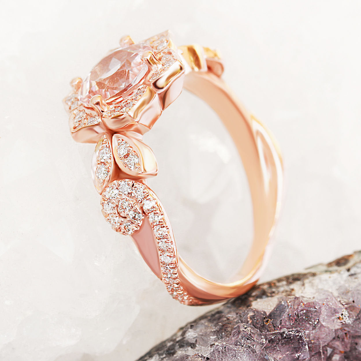 Lily Wave Flower - Morganite & Diamonds Unique Engagement Ring - sillyshinydiamonds