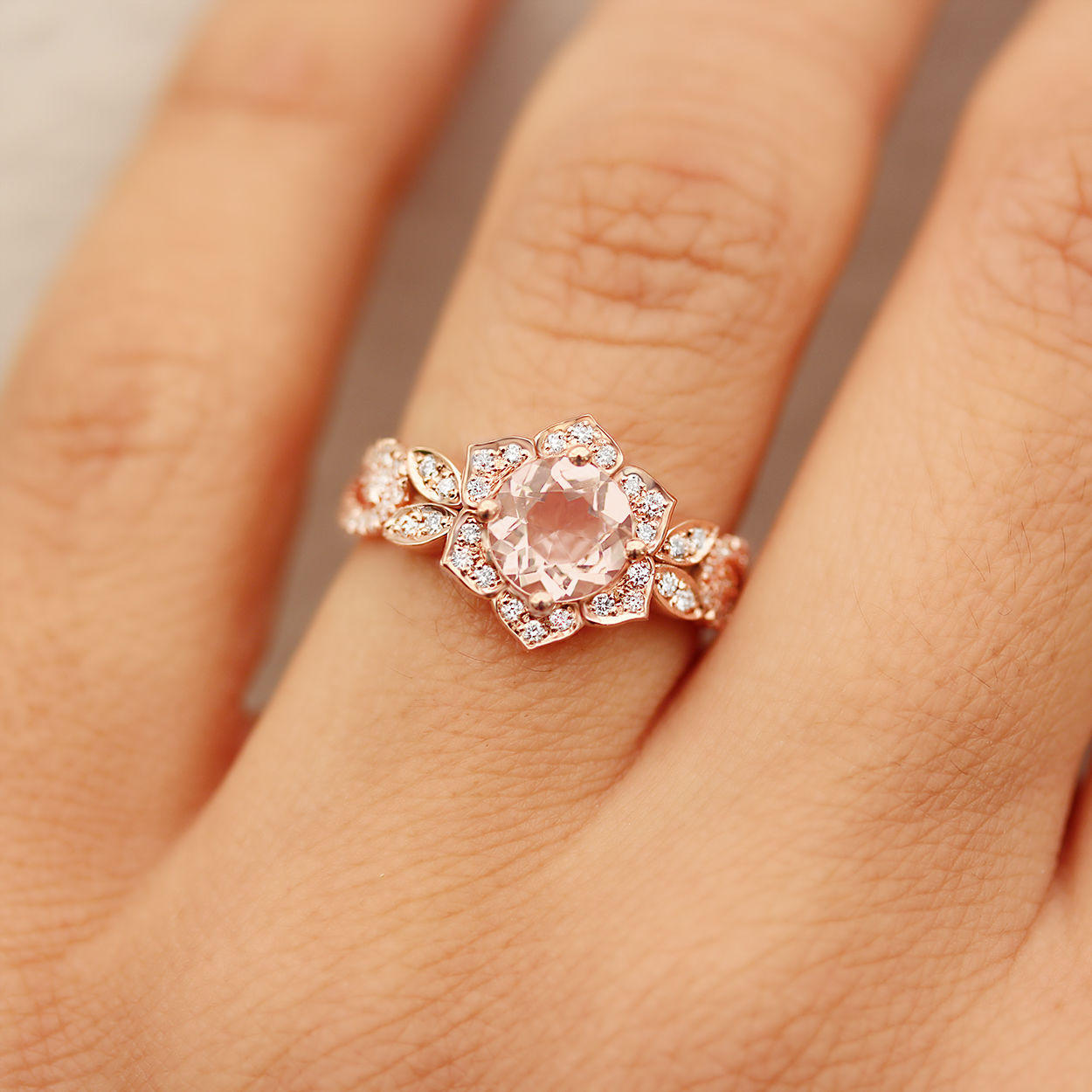 Lily Wave Flower - Morganite & Diamonds Unique Engagement Ring - sillyshinydiamonds