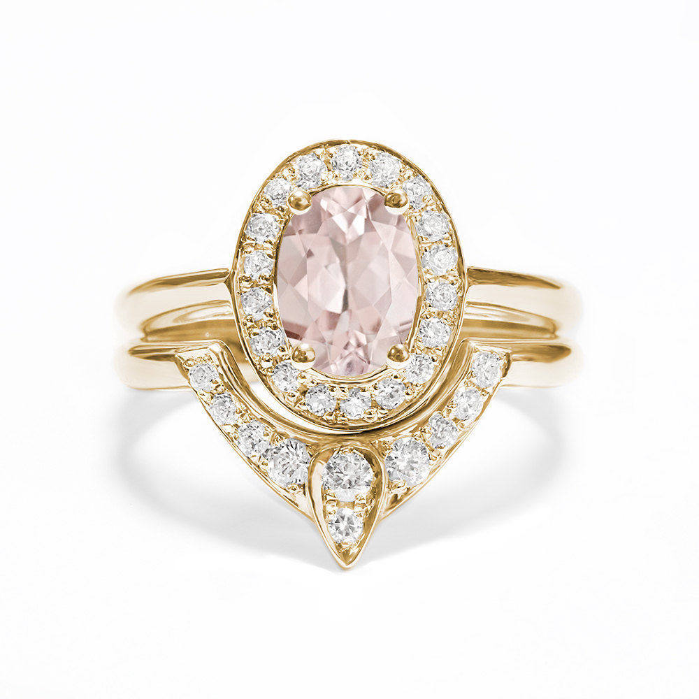 Oval Morganite Unique Engagement Rings Set - The 3rd Eye - sillyshinydiamonds