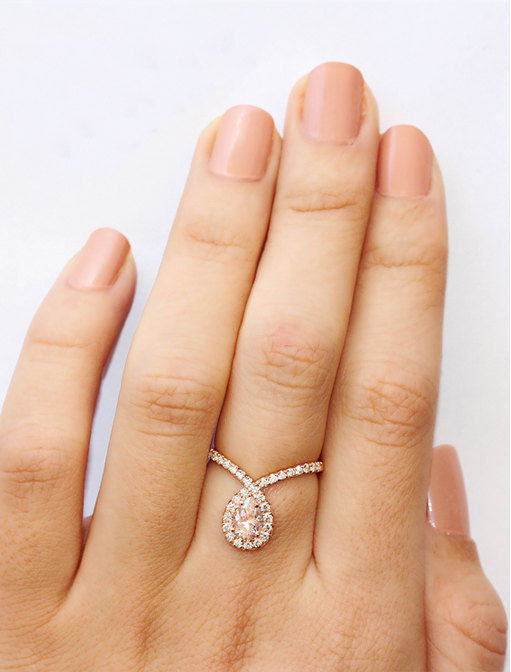 Bliss Pear Morganite & Diamond Halo Loop Unique Engagement Ring - sillyshinydiamonds