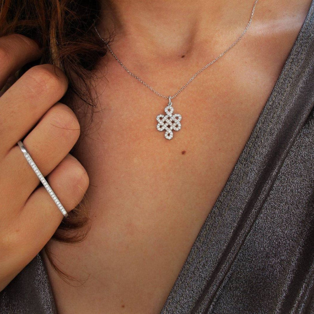 Endless Love Knot Diamond Pendant Necklace - Tibetan Symbol , white gold