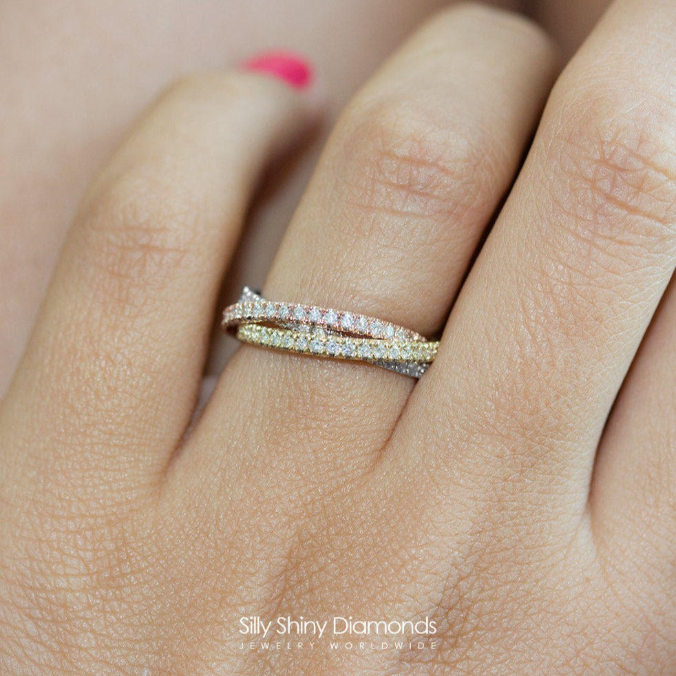 Tricolor, 3 Rolling Diamond Ring Band - sillyshinydiamonds