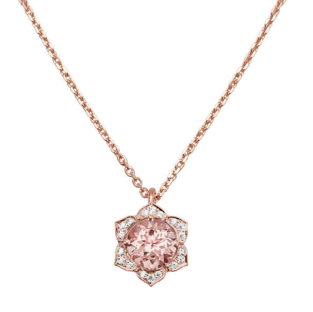 Lily Morganite & Diamonds Flower Pendant Necklace - sillyshinydiamonds