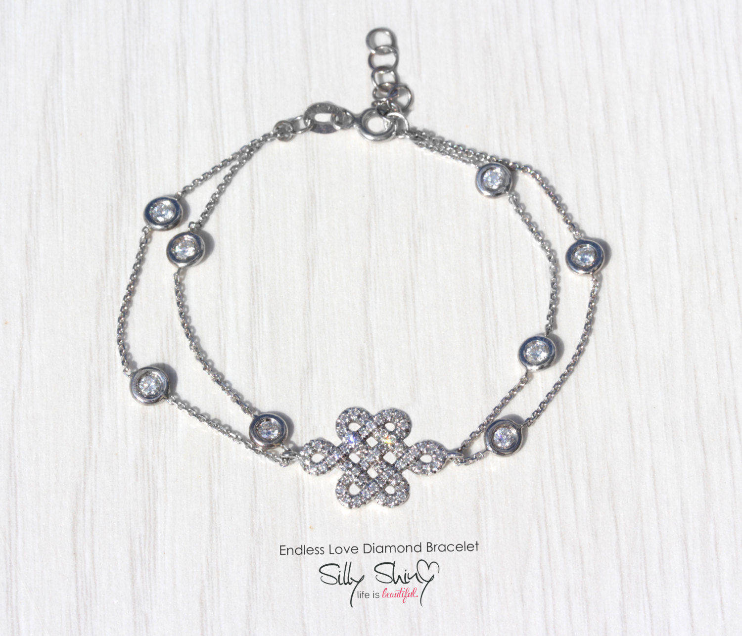 white gold Endless Love Knot bracelet , Diamonds by the yard chain Charm Bracelet - sillyshinydiamonds
