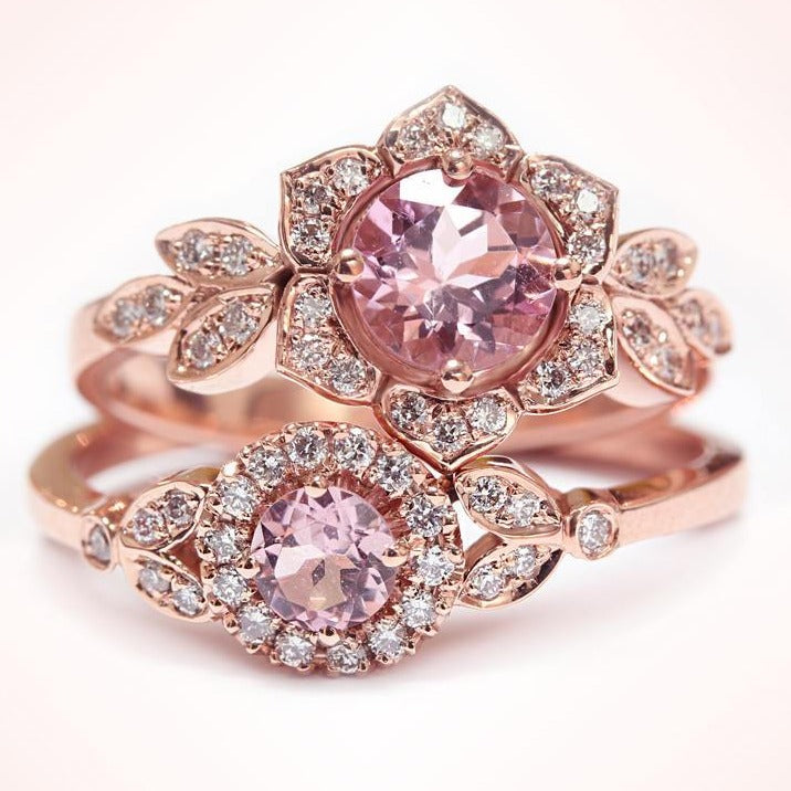 Tourmaline & Diamonds Lily Flower Unique Engagement Ring Set - sillyshinydiamonds