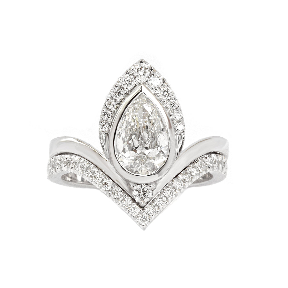 Pear Diamond with Matching Chevron V Wedding Band, Engagement Rings set, "Atyasha"
