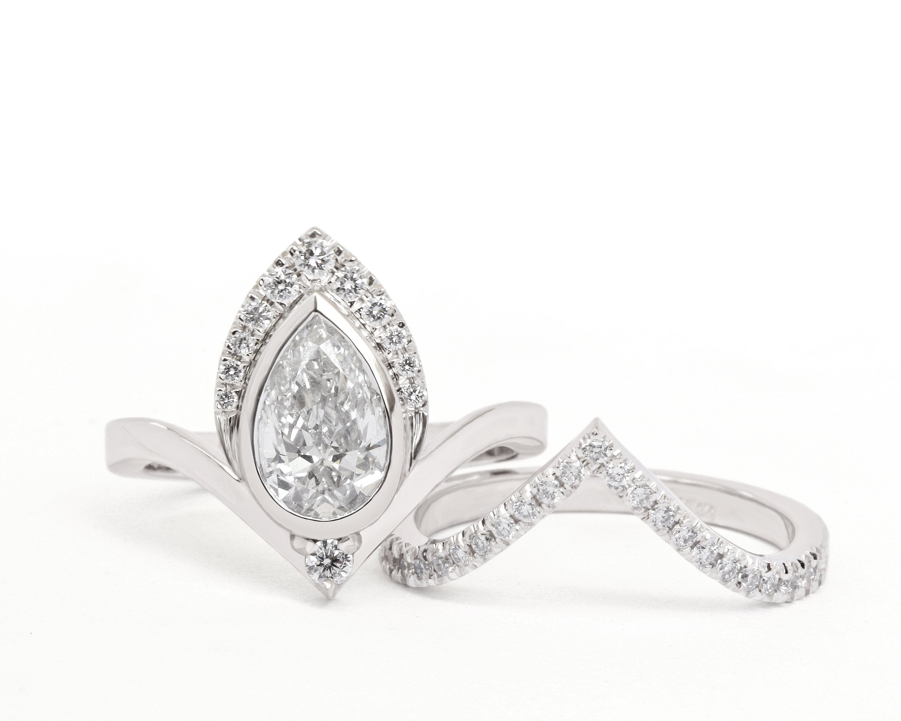 1.35 crat Pear Diamond Engagement Rings set with Matching V Nesting Wedding Band Atyasha - sillyshinydiamonds