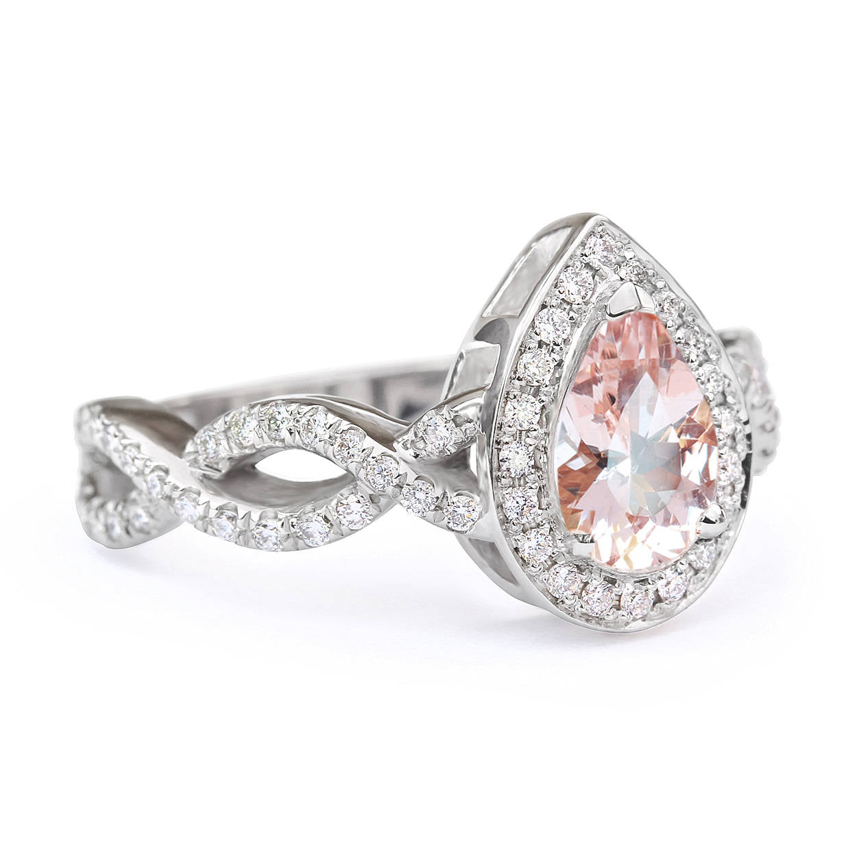 Pear Morganite & Diamond Halo, Infinty Shank Unique Engagement Ring - sillyshinydiamonds