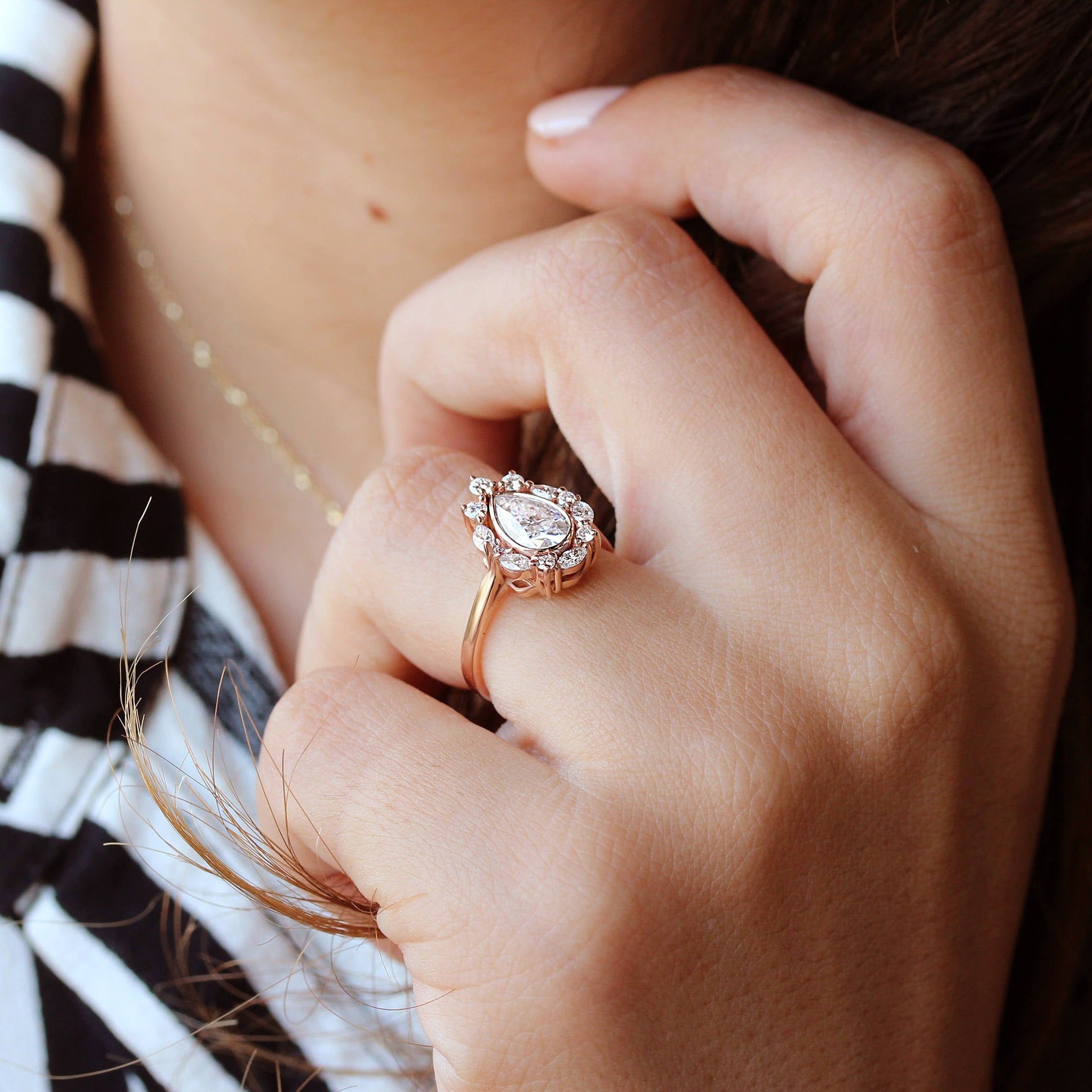 Pear Moissanite & Unique Diamonds Halo Engagement Ring Ballerina - sillyshinydiamonds