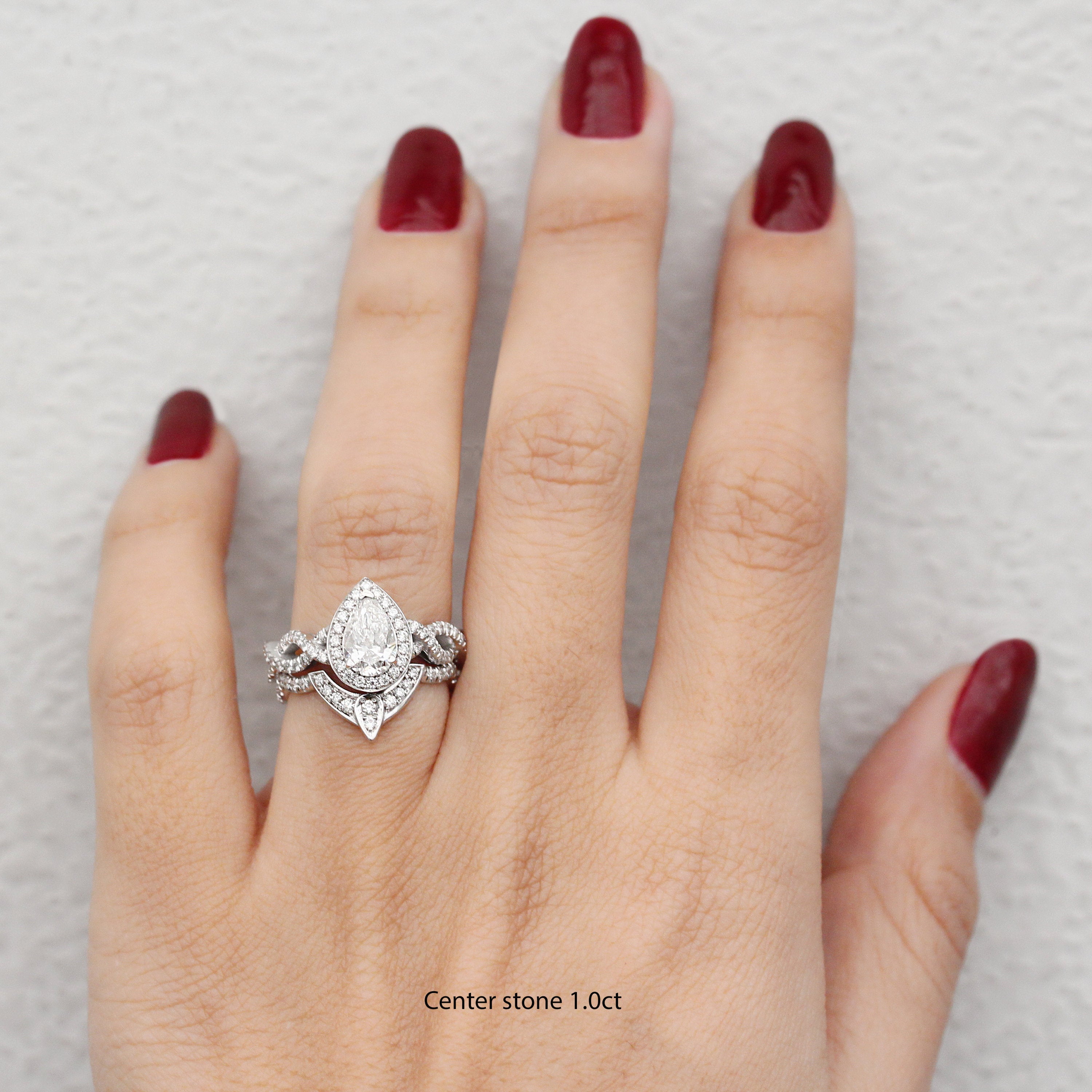 Pear Halo Diamond Twist Band Engagement Ring & Nesting Band - "The 3rd Eye" ♥