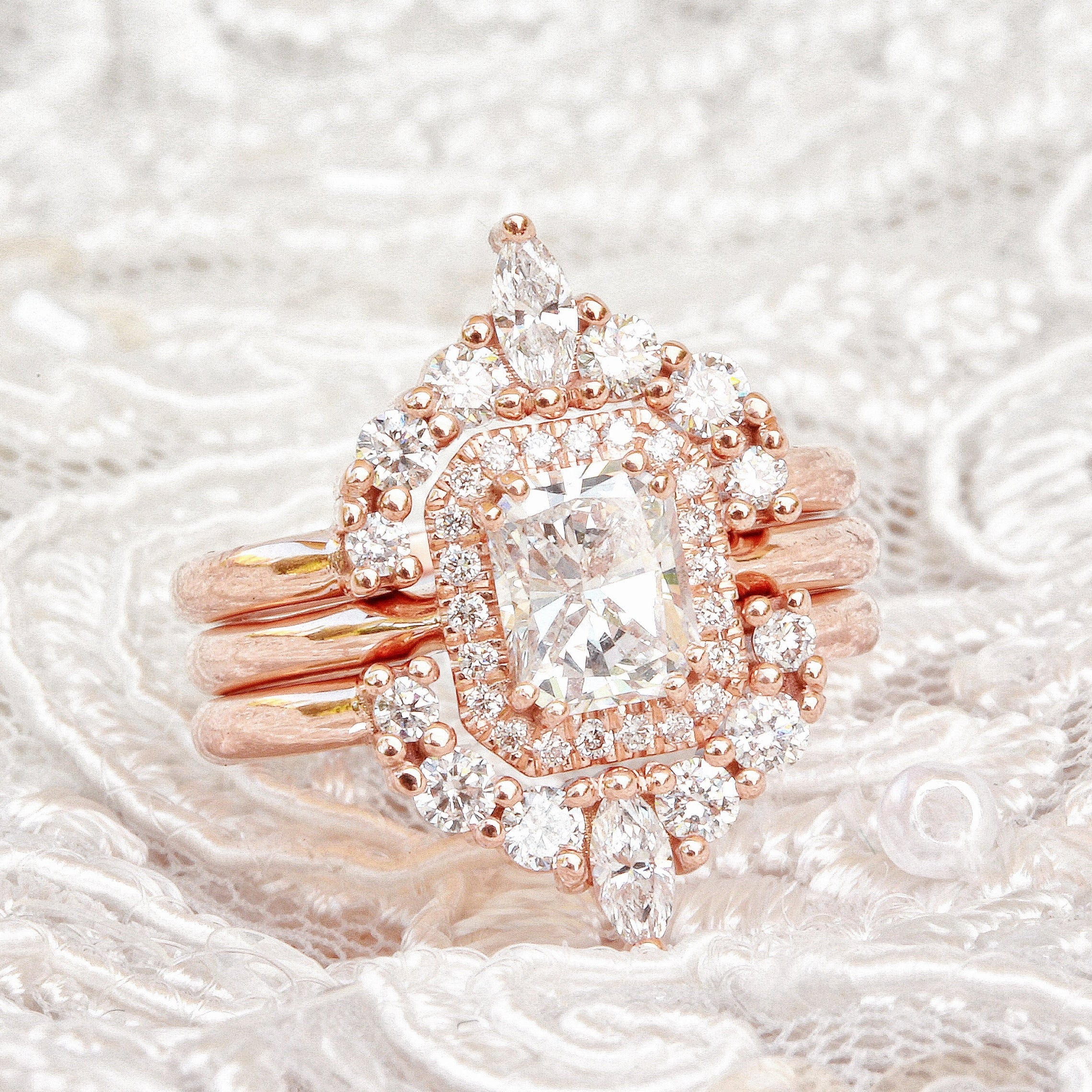 Radiant Diamond with halo three wedding ring set, Radiant soul - sillyshinydiamonds