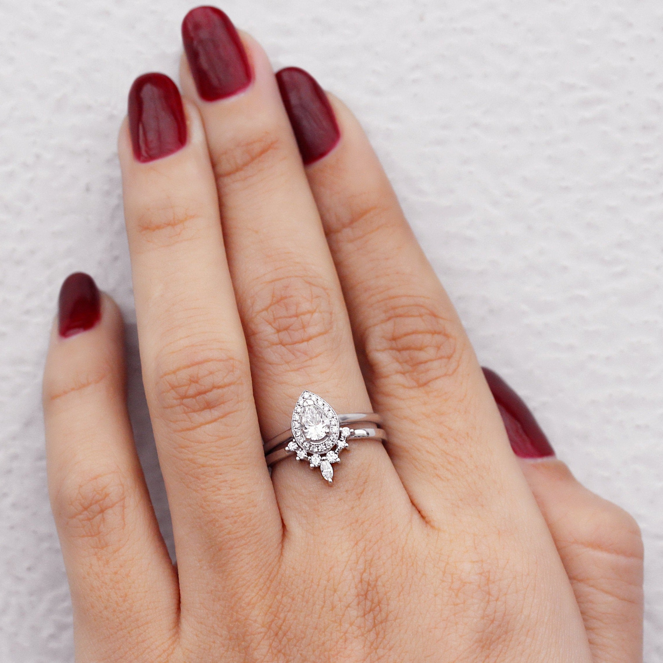 Pear Diamond 0.75ct Halo Engagement Ring & Romi Diamond wedding side ring - sillyshinydiamonds