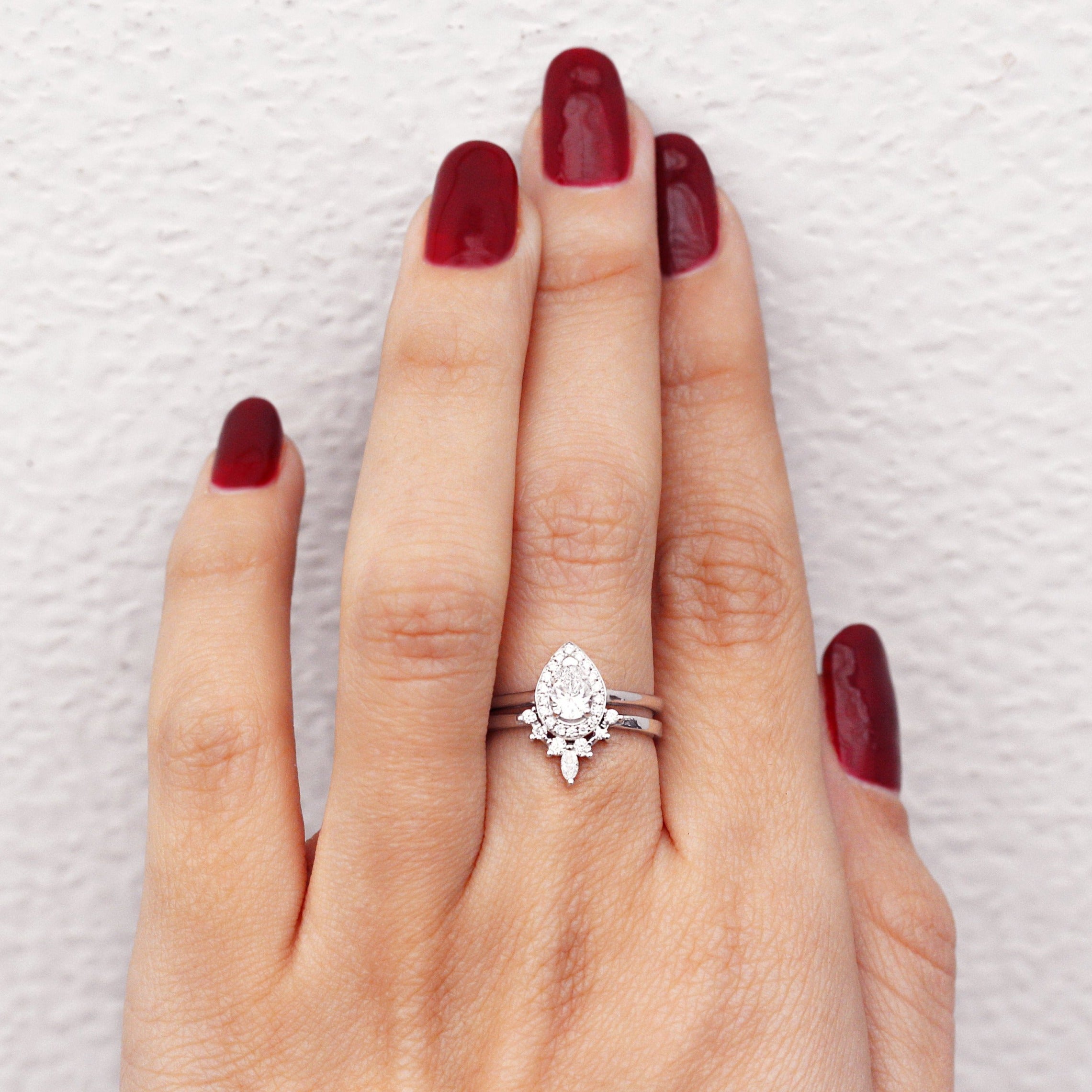 Pear Diamond 0.75ct Halo Engagement Ring & Romi Diamond wedding side ring - sillyshinydiamonds