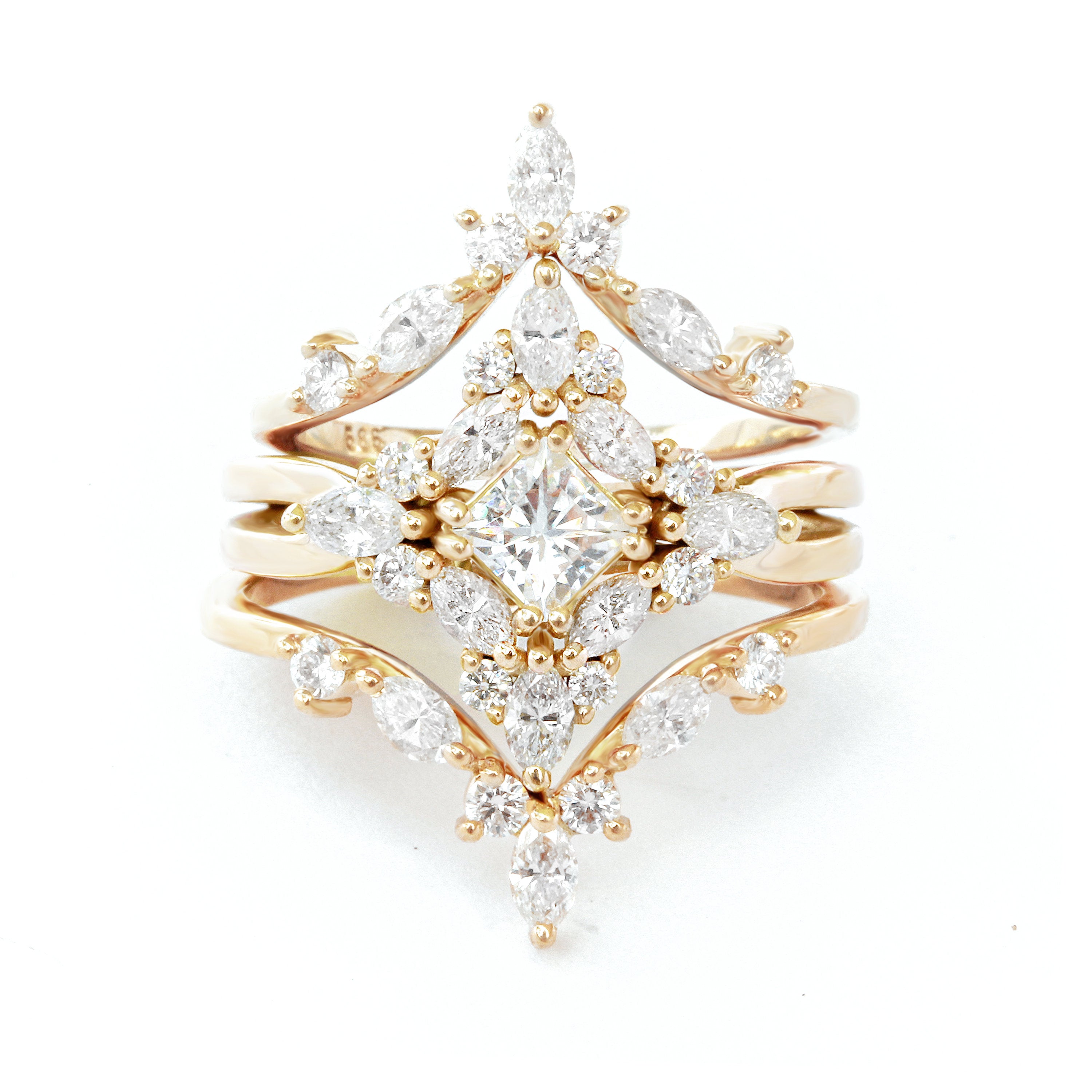 Altair - Princess Cut Square Diamond Cluster Wedding Three Rings Set - sillyshinydiamonds