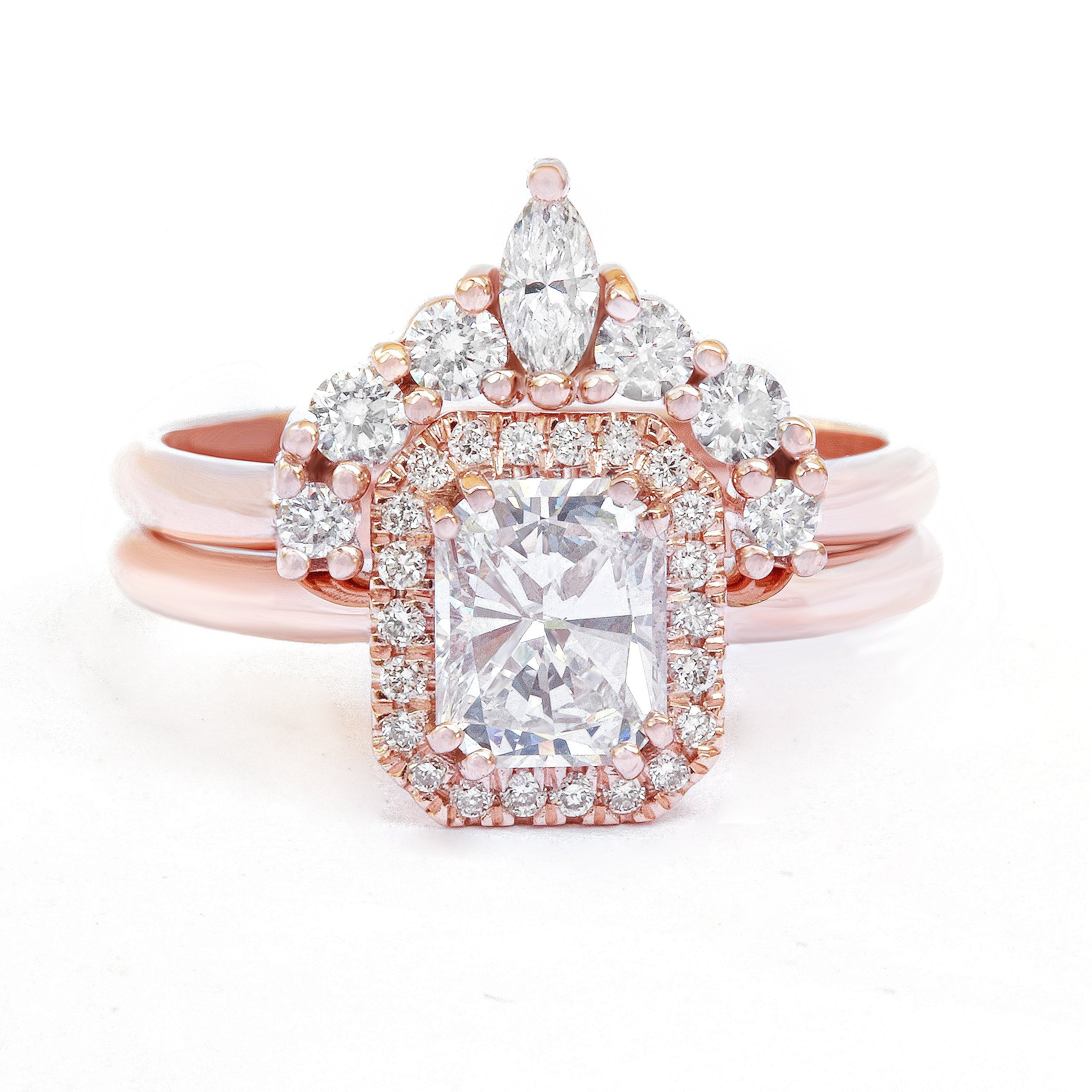 Radiant Cut Halo Diamond Two Rings Wedding Set - "Radiant soul"