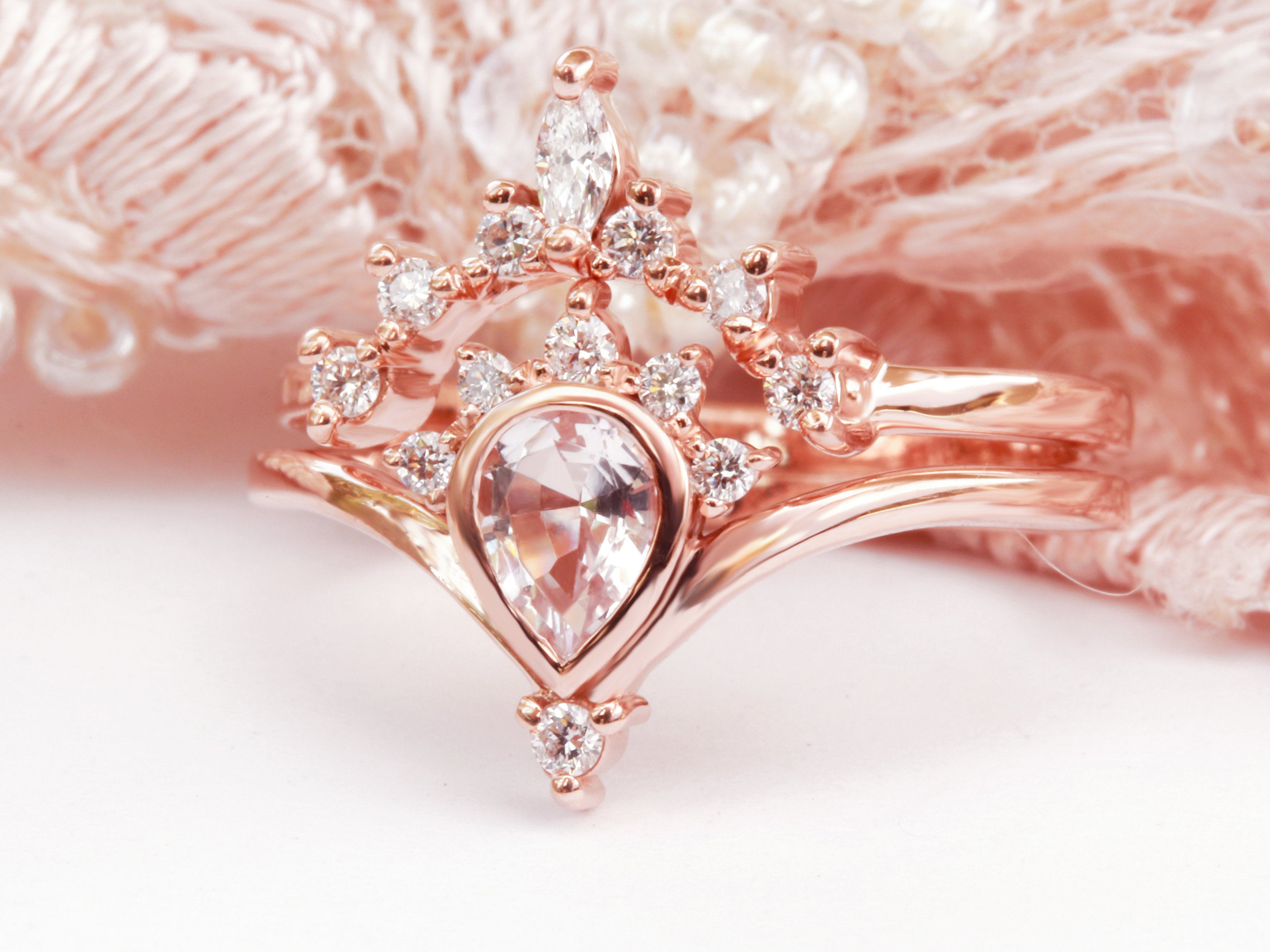 Pear Morganite Valentia with Romi Nesting Diamond Wedding Ring Set - sillyshinydiamonds