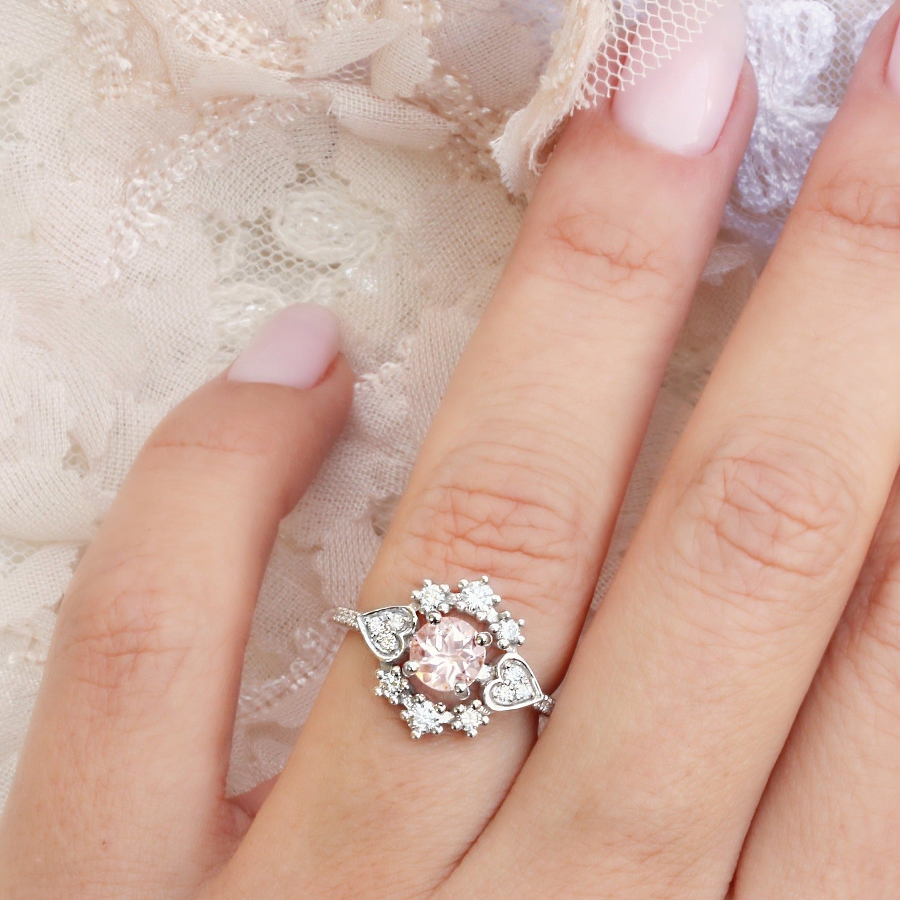 Morganite & Diamond Halo Unique Engagement Ring - Destiny One