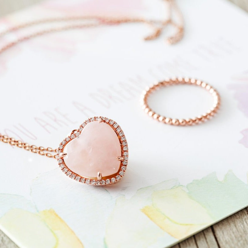 Aphrodite Rose Quartz Heart & Diamond Halo Pendant Necklace - sillyshinydiamonds