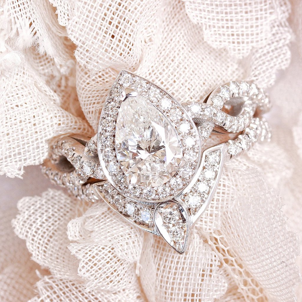 Pear Diamond 1.65 Carat Halo Twist Infinity Diamond Band, Engagement & Wedding, Bridal Rings Set, The 3rd Eye - - sillyshinydiamonds