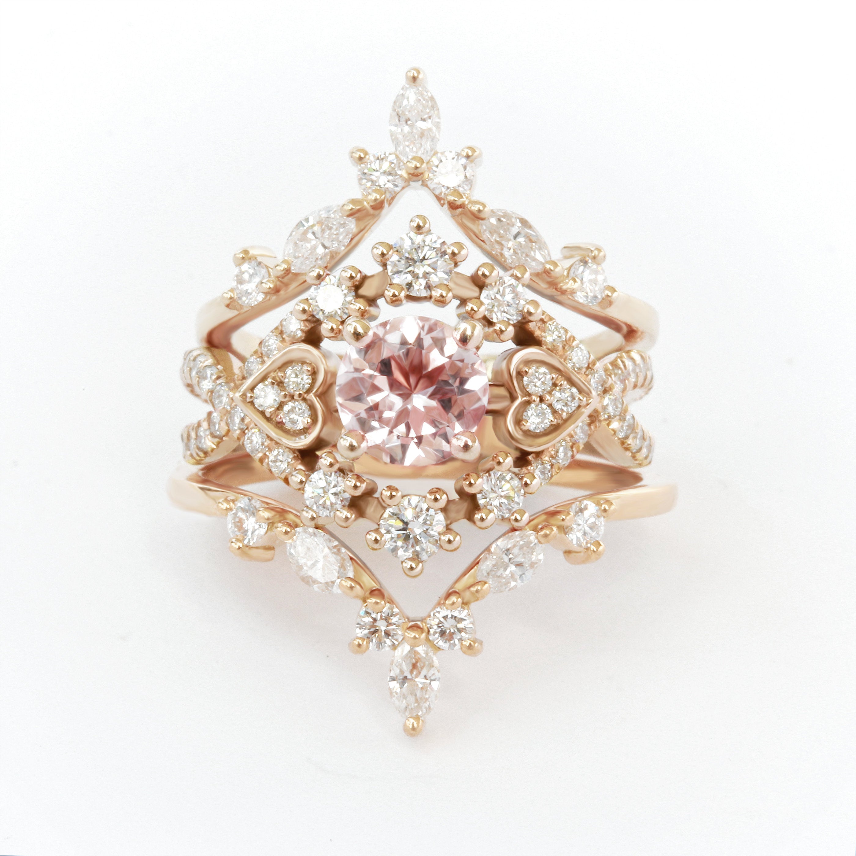 Destiny & Hermes - Morganite & Diamond Halo Unique Engagement & Wedding, Bridal Rings Set - sillyshinydiamonds