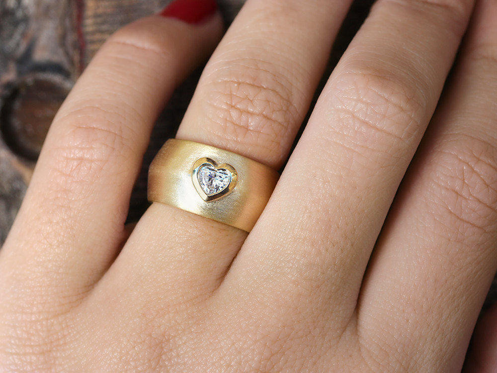 Tal - Heart Diamond & Gold Wide Statement Ring - sillyshinydiamonds