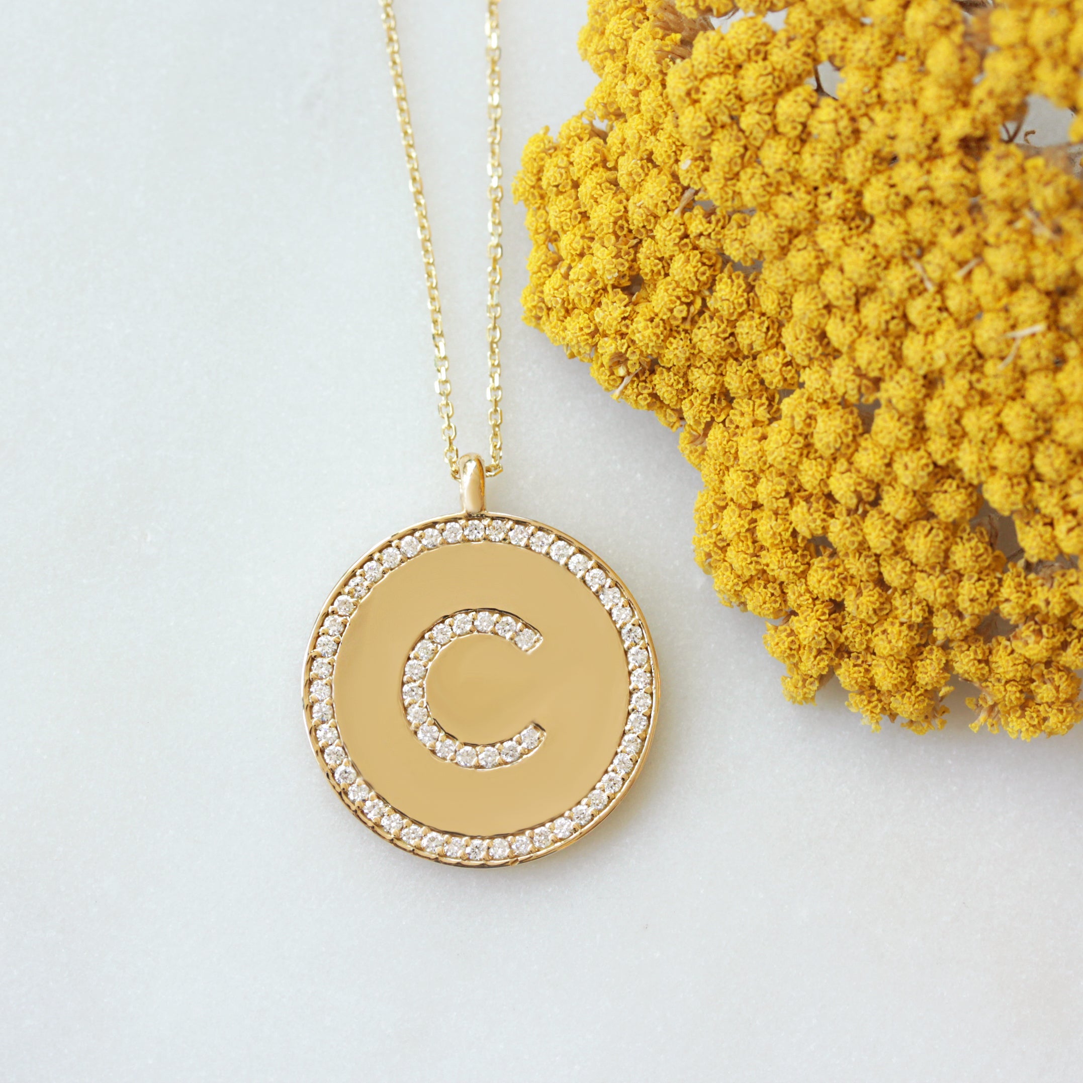 Large Diamond Initial 23mm / 1 inch Disc Pendant Necklace