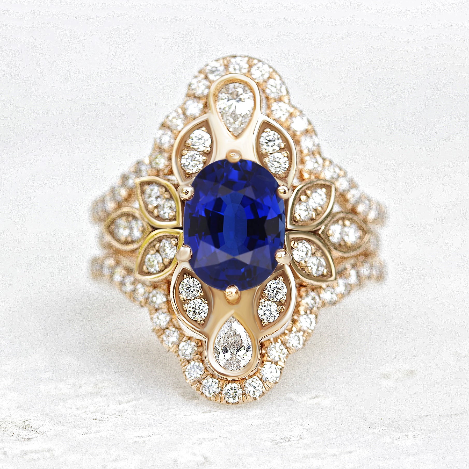 Blue Sapphire & Diamond Flower Unique Engagement Ring Set with Ring Guard Iced Lily #4 - sillyshinydiamonds