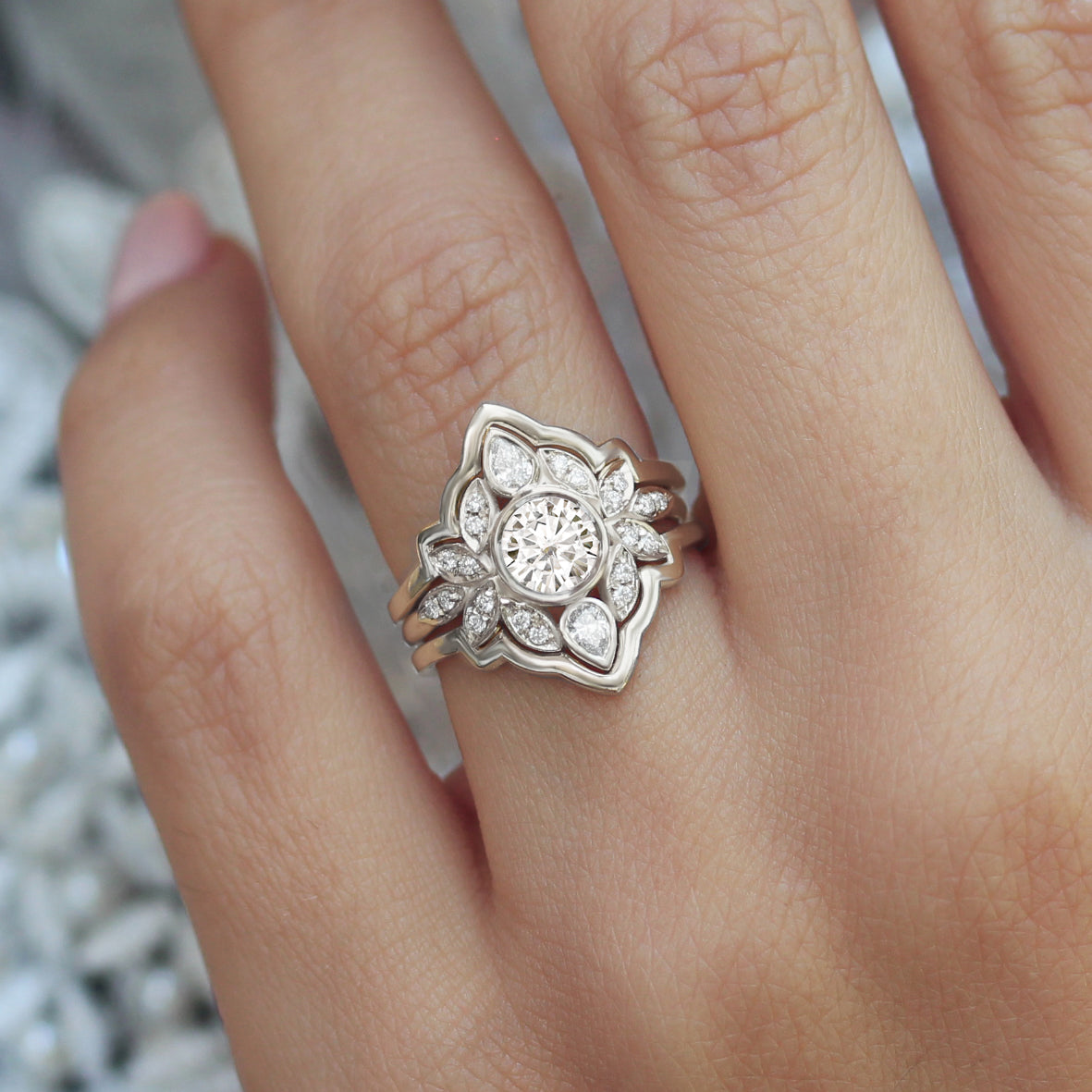 white lily diamonds Flower Diamond Engagement Ring Set Gold Ring Guard Lily #5 Lab Diamond / Engagement Ring + Smooth Gold Ring Guard