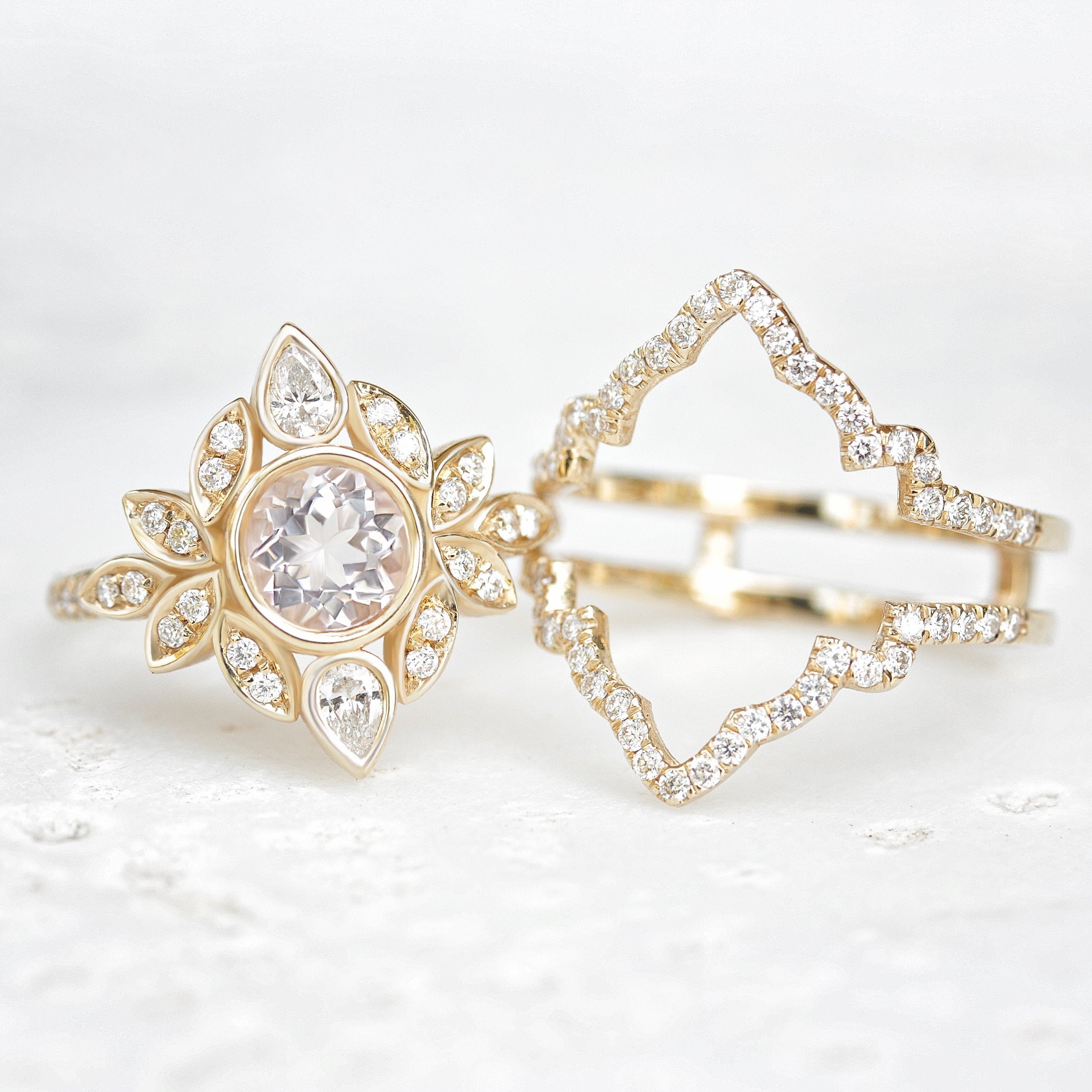 Morganite & Diamonds Flower Engagement Ring With Pave Diamond Rings Guard- Lily #5