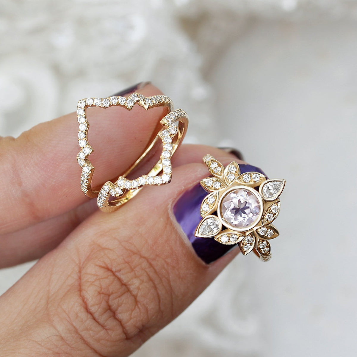 Morganite & Diamonds Flower Engagement Ring With Pave Diamond Rings Guard- Lily #5